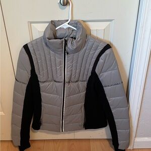 Blanc Noir Two-Tone Moto Puffer Jacket